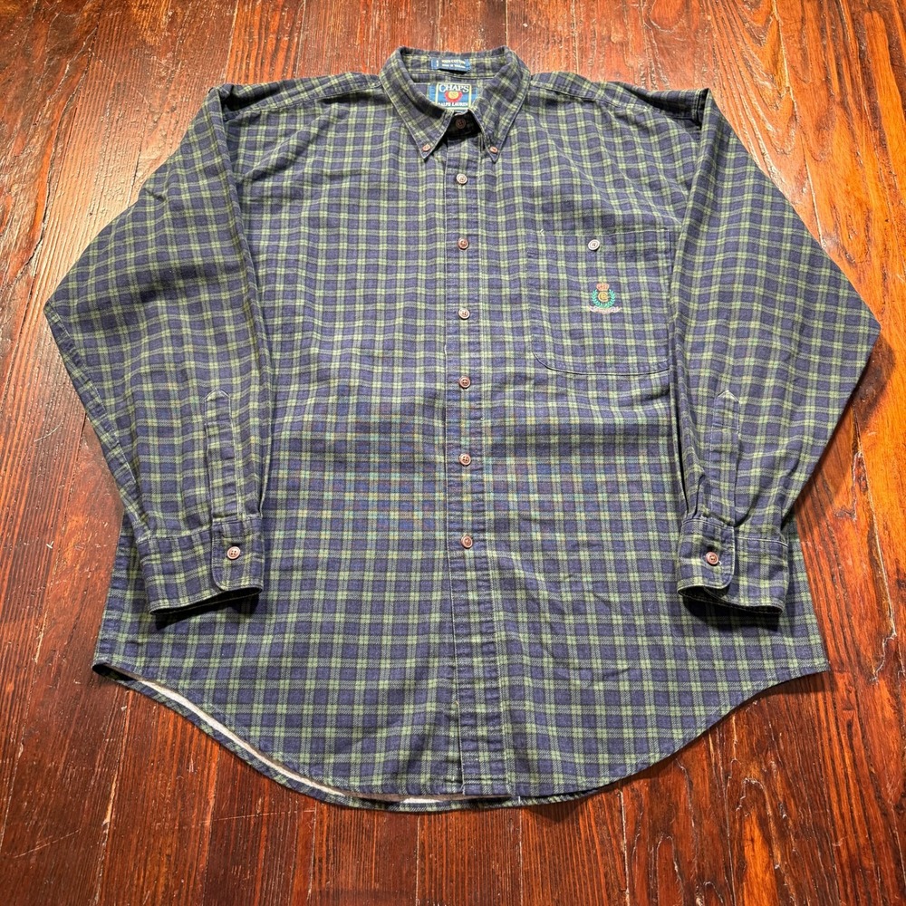 Vintage Chaps Ralph Lauren Shirt Mens L Green Navy Plaid Crest Logo Shirt